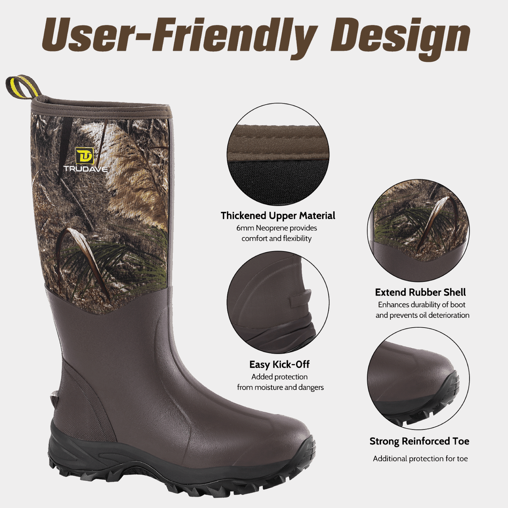 Trudave TrailMist Series Waterproof Rubber Boots with 6mm neoprene insulation, featuring thickened upper material, extended rubber shell, easy kick-off design, and reinforced toe for durability and comfort